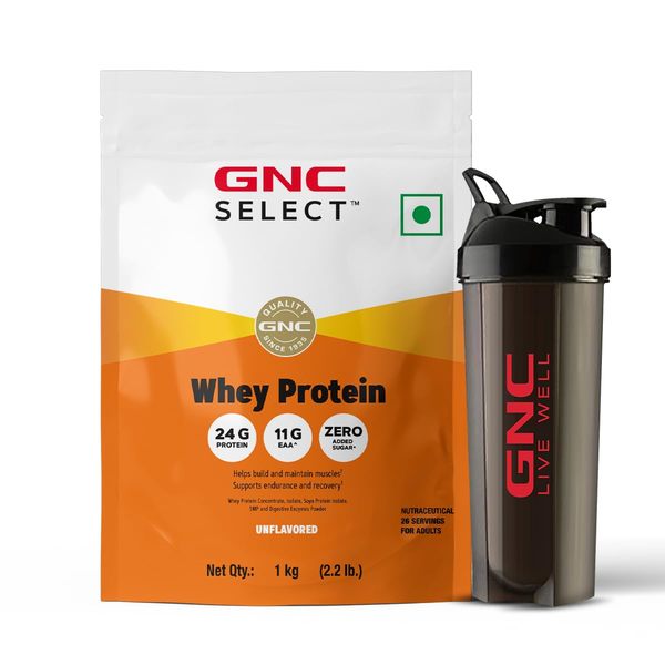 Buy GNC Whey With Free Shaker | 2.2 LBS (1KG) | Unflavoured | Digestive Enzyme For Better Digestion |24 Gm Protein| Faster Muscle Recovery | Boosts Strength & Endurance | Zero Added Sugar | Builds Lean Muscles on EMI