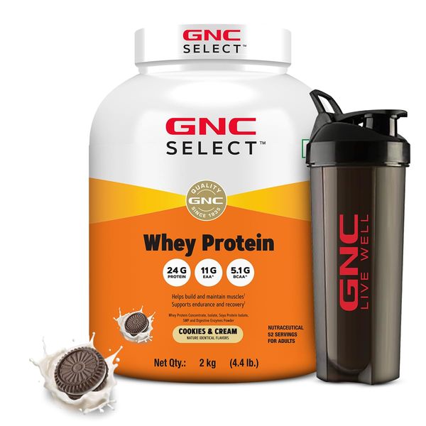 Buy GNC 100% Whey Protein Powder With Free Shaker | 4.4 LBS (2KG) | Cookies & Cream | Digestive Enzyme For Better Digestion | Faster Muscle Recovery | 24 Gm Protein | Boosts Strength & Endurance | Zero Added Sugar | Builds Lean Muscles on EMI