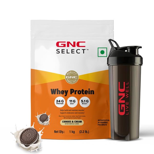 Buy GNC Whey Protein Powder With Free Shaker | 2.2 LBS (1KG) | Cookies & Cream | Digestive Enzyme For Better Digestion | Faster Muscle Recovery | 24 Gm Protein | Boosts Strength & Endurance | Zero Added Sugar | Builds Lean Muscles on EMI