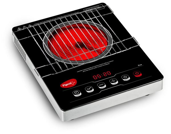 Buy Pigeon Eva Infrared Cooktop 2000 Watts Black (with Free Stainless Steel Grill, Full touch Panel, Auto shut off and Overheat Protection) on EMI