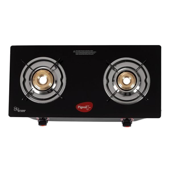 Buy Pigeon Aster Gas Stove 2 Burner with High Powered Brass Burner, Gas Cooktop with Glass Top and Powder Coated Body, black, standard (14266) on EMI