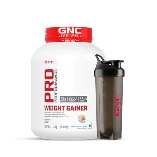 Buy GNC Pro Performance Weight Gainer & Black shaker Combo | 3 Kg | Healthy Body Gains | Reduces Muscle Breakdown | Increases Energy & Endurance | 73g Protein | 440g Carbs | 2200 Cal | Vanilla Ice Cream on EMI