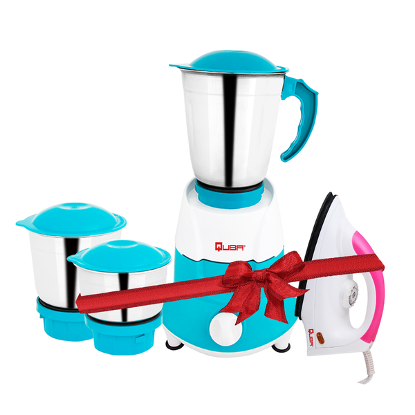 Buy Quba MG-201 Mixer Grinder 550 (3 Jars, White & Aqua Blue ) & QUBA 1000 Watt Dry Iron with Advance Soleplate and Anti-Bacterial German Coating Technology on EMI