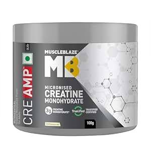Buy MuscleBlaze Creatine Monohydrate CreAMP with CreAbsorb, Trustified Certified (100 g, Unflavoured, 33 Servings) on EMI