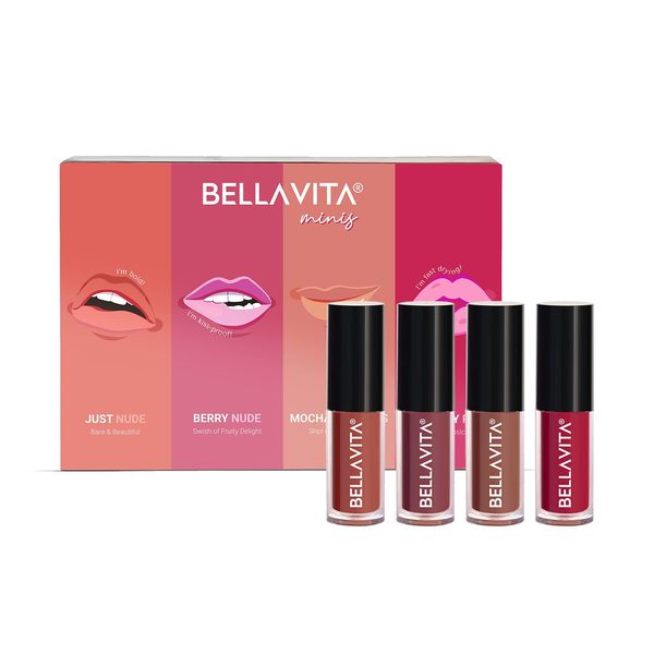 Buy BELLAVITAMini Kiss Proof Liquid Lipsticks, Smudge-Proof, Transfer-Proof, Intense Moisturisation, Ultra Matte Finish, Just Nude + Berry Nude + Mocha Madness + Cherry Pop, 2 ml each, Set of 4 on EMI