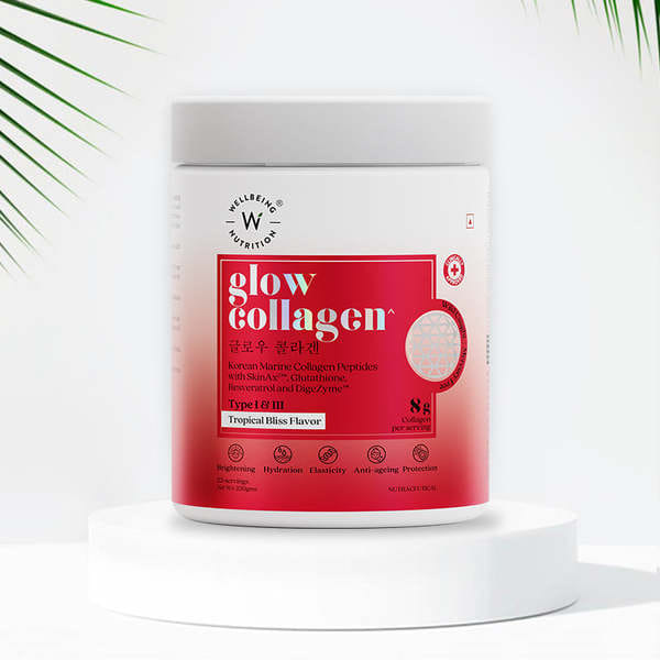 Buy Wellbeing Nutrition Glow Korean Marine Collagen Peptides, Tropical Bliss Flavour, 250 Gms on EMI