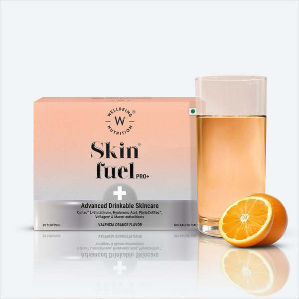 Buy Wellbeing Nutrition Skin Fuel Pro+ Valencia Orange Flavor, 28 Sachets Per Pack on EMI