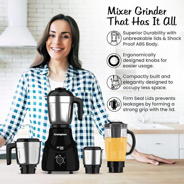 Buy CROMPTON DS 750W Mixer Grinder- 750W Powertron Motor for faster grinding results | Motor Vent-X for durability | 4 Jars (1.5L with FF, 1.5, 1L, 0.4L) 2 Years Warranty on Product & Motor. on EMI