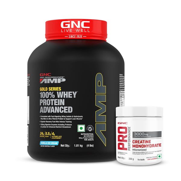 Buy GNC AMP 100% Whey Advanced Vanilla + Creatine Monohydrate Combo - Lean Muscle Gains | Fast Recovery | Superior Post-Workout Fuel | Hydrates Muscle Cells | 4lbs / 250 gm Combo on EMI