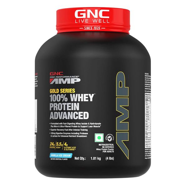 Buy GNC AMP Gold Series 100% Whey Protein Advanced | Lean Muscle Gains | Advanced Fitness Performance | Formulated In USA | 24g Protein | 5.5g BCAA | 4g Glutamine | Vanilla Ice Cream | 4 lbs on EMI