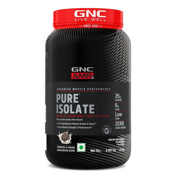 Buy GNC AMP Pure Isolate Low Carb | Boosts Athletic Performance | Builds Lean Muscles | Speeds Up Recovery | Increases Strength | USA Formulated | 25g Protein | 6g BCAA | Cookies & Cream | 2 lbs on EMI