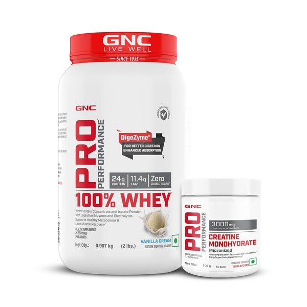 Buy GNC Pro Performance 100% Whey Vanilla Cream + Creatine Monohydrate Combo - Builds Lean Muscles | Promotes Faster Recovery | Boosts Athletic Performance | Hydrates Muscle Cells | 2lbs / 100gm Combo on EMI