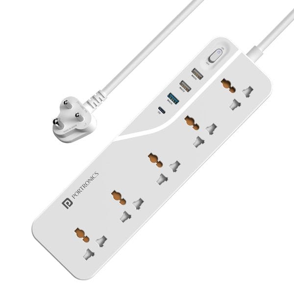 Buy Portronics Power Plate 22 Extension Board with 20W Type-C PD Charging, 5 Universal Sockets, 3 USB Ports, 3 Meter Long Cord, 2500 Watts on EMI