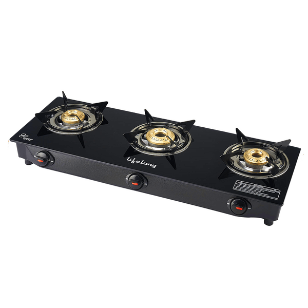 Buy Lifelong LLGS803 Auto Ignition, High Efficiency 3 Burner Gas Stove with Toughened Glass Top, ISI Certified, Automatic Ignition, For LPG Use Only (Black) on EMI
