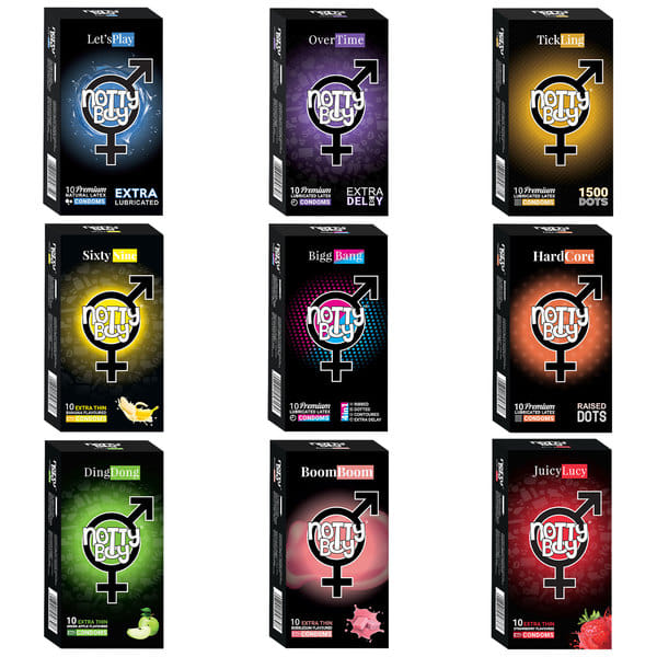 Buy NottyBoy Extra Lubricated, Time Delay, 1500 Dots, Banana, 4 in 1, Raised Dotted, Apple, Bubblegum, Strawberry Condom - 90 Units Combo Pack on EMI
