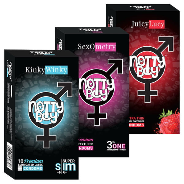Buy NottyBoy Extra Thin, 3 in One Ribs Dots, Strawberry Flavour Condom 30 Units on EMI