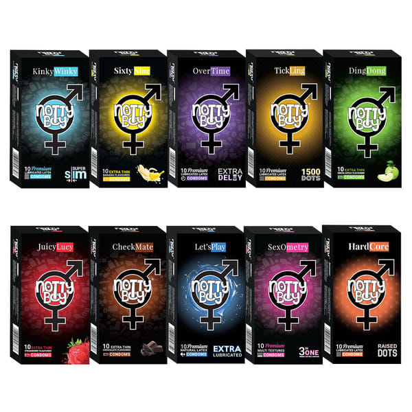 Buy NottyBoy Multi Variety Super Slim, Banana, Last Longer, 1500 Dotted, Apple, Strawberry, Chocolate, Lubricated, 3 in 1, Bigger Dots Condom - 100 Units on EMI