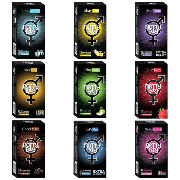Buy NottyBoy Multi Variety Thin, Banana, Time Delay, 1500 Dots, Apple, Strawberry, Chocolate, Extra Lubricated, 3 in One Condom - 90 Units on EMI