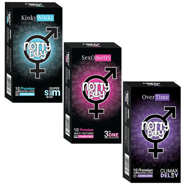 Buy NottyBoy Variety Pack Extra Thin, 3 IN One Ribbed and Dotted, Long Lasting Condom 30 Units on EMI