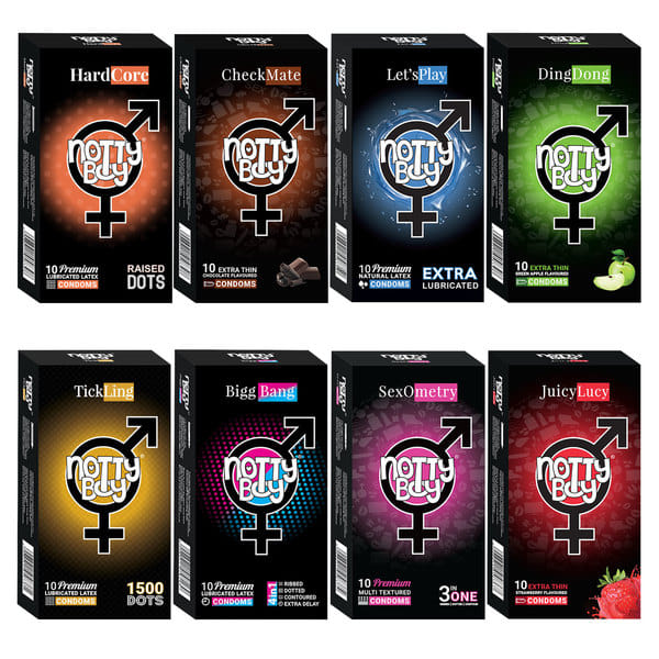 Buy NottyBoy Variety Pack Raised Dots, Chocolate, Extra Lubricated, Apple, 1500 Dots, 4 in 1, 3 in One, Strawberry Condom - 80 Units on EMI