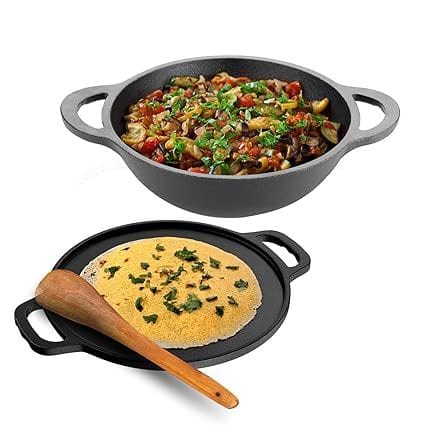 Buy Lifelong Cast Iron 30 cm Tawa & 24 cm Kadai with Wooden Spatula for Dosa, Uttapam & Chapati, Non-Toxic, Non-Stick & Teflon Free, Gas & Induction -Friendly on EMI