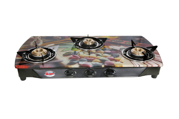 Buy Quba Sea Shell Arc 3 Burner LPG Gas Stove | Digital Premium Glass Top | Arc Shape Design | 8mm Toughened Glass | Manual Ignition | ISI Certified | Sleek Ergonomic Knobs | 2-Year Warranty on EMI