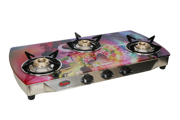 Buy Quba S3 Peacock Arc 3 Burner LPG Gas Stove | Digital Premium Glass Top | Arc Shape Design | 8mm Toughened Glass | Auto Ignition | ISI Certified | Sleek Ergonomic Knobs | 2-Year Warranty on EMI