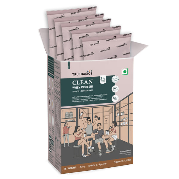 Buy TrueBasics Clean Whey Protein Powder Isolate & Concentrate Blend (Chocolate, 35gx5) | 25g Protein per Scoop on EMI