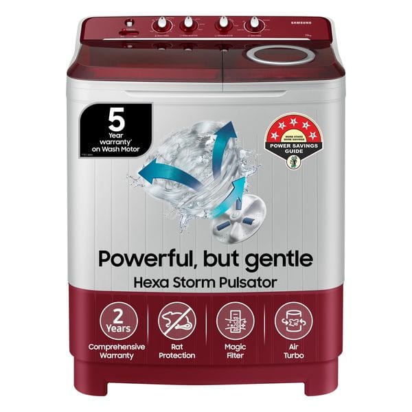 Buy Samsung 7.5 Kg Inverter 5 Star Semi Automatic Top Load (WT75B3200RR/TL, Light Grey & Red Base, Air turbo drying, 5 Year Warranty on Wash Motor) on EMI