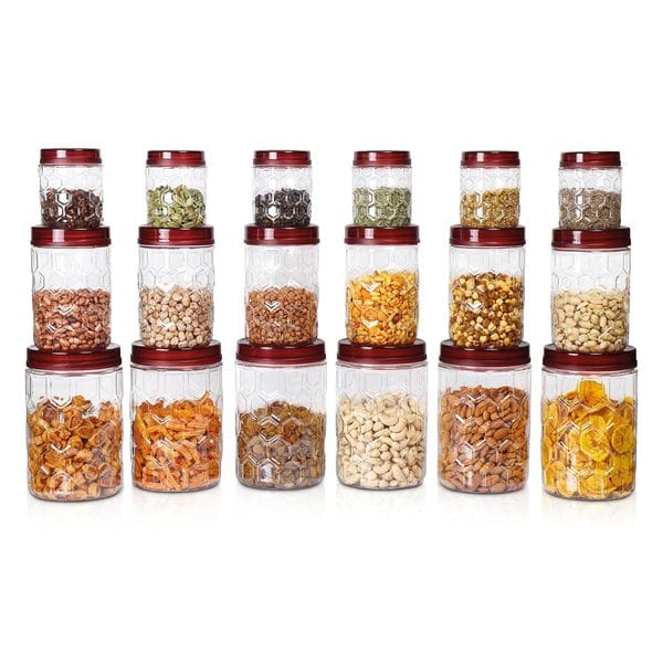 Buy Milton Hexa Airtight Containers for Kitchen Storage Food Grade Plastic, Stackable & Transparent Organizer Jars, Masala Dabba, Set Of 18-6 x 270ml, 6 x 665ml, 6 x 1.24L on EMI