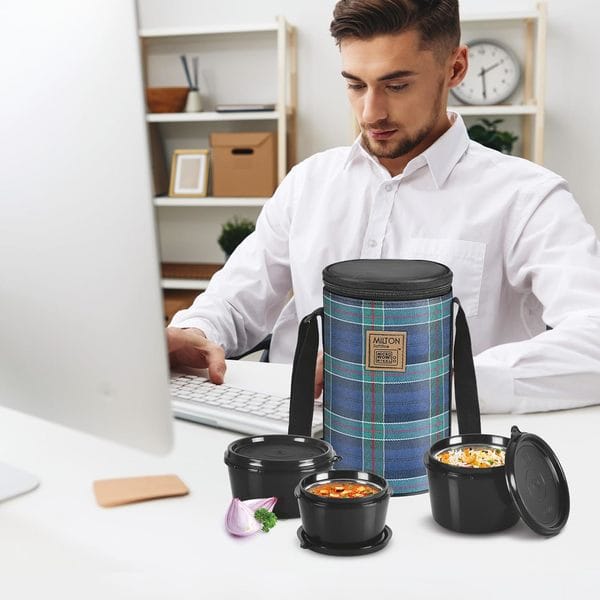 MILTON Lofty Lunch Box with Insulated Fabric Jacket, 3 PU Insulated Inner Stainless Steel Containers (1 x 320ml, 2 X 450ml Each-Navy Blue