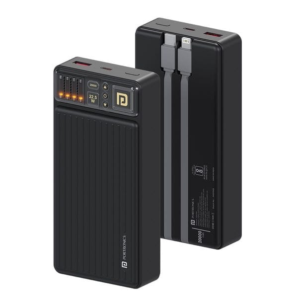 Buy Portronics Luxcell Bind 20K 22.5W, 20000 mAh Power Bank with Built-in 2 Detachable Output Cables, Compatible with Smartphones, Tablets(Black) on EMI