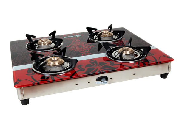 Buy Quba S4 Shagun 4 Burner LPG Gas Stove | Digital  Glass Top | Square Shape Design | 8mm Toughened Glass | Auto Ignition | ISI Certified | Sleek Ergonomic Knobs | 2-Year Warranty on EMI