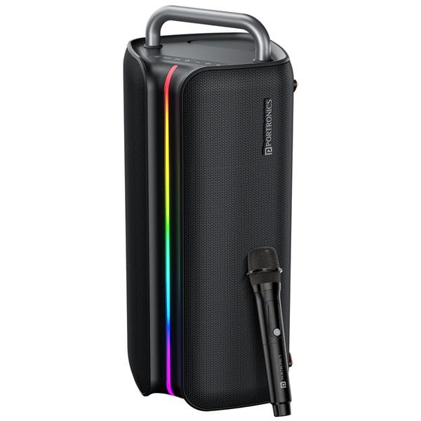 Buy Portronics Nebula X 150W Party Speaker With Wireless Karaoke Mic, 7 Hours Playtime, Bass Boost Technology,TWS Mode, BT V5.3, USB/AUX in, Sturdy Metal Handles,Type C Charging(Black) on EMI