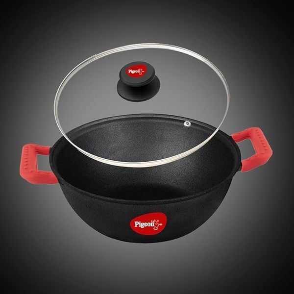 Buy Pigeon by kraft Cast Iron Kadai with Glass Lid, Medium, 24 cm, Nonstick, Pre-Seasoned Kadhai withvegetable oil, Toxin-Free, High Pressure Casting on EMI