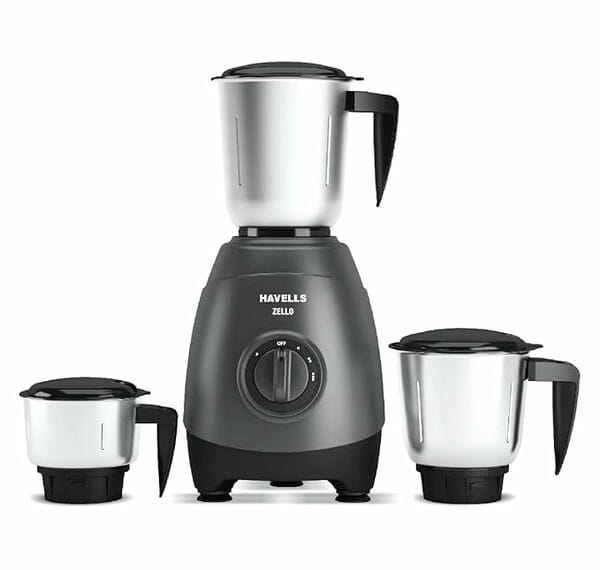 Buy Havells Zello 750W Mixer Grinder | 3 Stainless Steel Jars | High-Speed Blending | 30-Minute Continuous Grinding | 2-Year Warranty on EMI