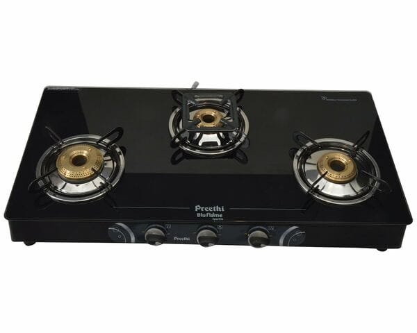 Buy Preethi Sparkle 3 Burner Gas Stove (GTS104) | Toughened Glass Top, High-Efficiency Brass Burners, Auto Ignition, Elegant Black Finish & 2-Year Warranty on EMI