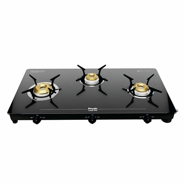 Buy Preethi Luxe Pro 3 Burner Glass Top Gas Stove | Tempered Glass, Jumbo Burner, Drip-Tray Less Infinity Design, Manual Ignition, 5-Year Warranty on Glass & Burner – Black on EMI