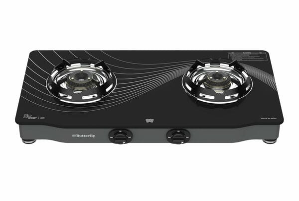 Buy Butterfly Renz 2 Burner Glass Top Gas Stove | 3-Star Rated | 8mm Tempered Designer Glass, Fan Shield, Leak-Proof European Valve, Rust-Resistant Frame & Patented Lift Lock | 2-Year Warranty on EMI