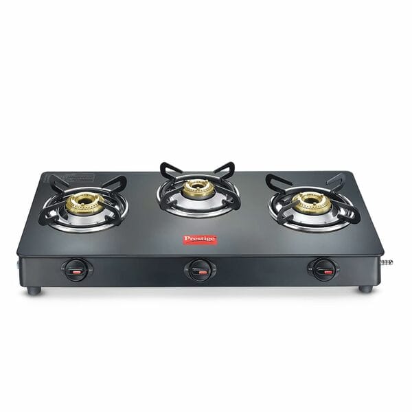 Buy Prestige Magic Plus GTMP-03 3 Burner Gas Stove | Toughened Glass Top | Tri-Pin Brass Burners | Spill-Proof Design | Ergonomic Knobs | Black | 2-Year Warranty on EMI