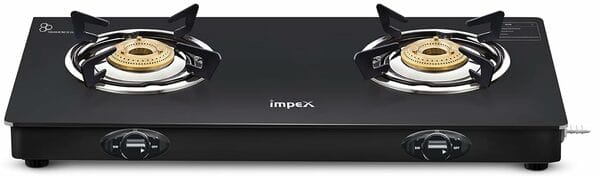 Buy Impex IGS 1212M 2 Burner Glass Top Gas Stove | ISI Certified LPG Stove with High-Efficiency Brass Burners, Manual Ignition & 2-Year Warranty – Elegant Black on EMI