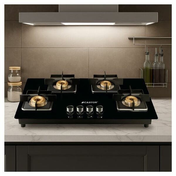 Buy Castor CT Glaze 04 DSB 4 Burner Gas Hob | Toughened Glass Top | Auto Ignition | High-Efficiency Brass Burners | Elegant Built-in Kitchen Hob on EMI