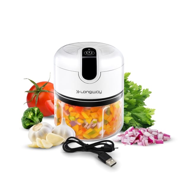 Buy Longway Slicer Rechargeable Mini Electric Chopper | 250ml Food Grade Bowl | Stainless Steel Blades | One Touch Operation | Chopping & Mincing Garlic, Onion, Ginger, Vegetable, Meat, Nuts | Portable & Compact (White) on EMI