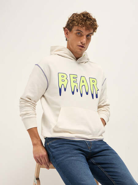 Buy The Bear House NEON White Relax Fit “BEAR” Drip Graphic Hoodie with Neon Stitch Detail on EMI