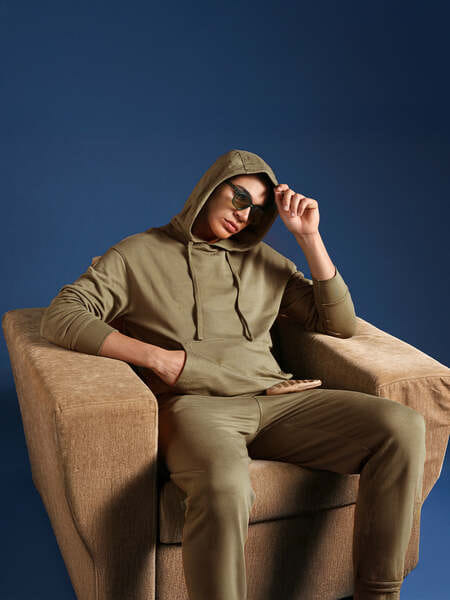 Buy The Bear House GIBRO Olive Solid Relax Fit Pullover Hoodie with Kangaroo Pocket on EMI