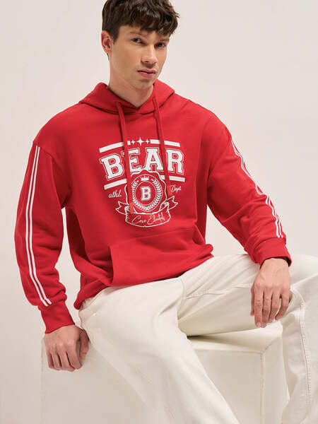 Buy The Bear House ZELLA Red Relaxed Fit Hoodie with Bold Athletic Crest and BEAR Print on EMI