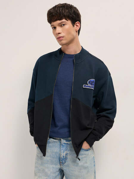Buy The Bear House EZAR Navy & Black Colorblock Zip-Up Sweatshirt with “Marlin Black Studio” Patch on EMI