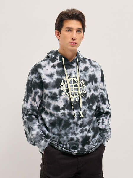 Buy The Bear House TYDI Black & Grey Tie-Dye Relax Fit Hoodie with “BEAR ELEVATED” Graphic Print on EMI