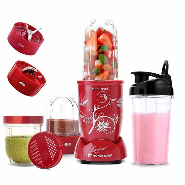 Buy Wonderchef Nutri Blend Red | 3 Jars + Sipper Jar | Powerful 500W Blender for Smoothies, Shakes & Grinding | Compact & Efficient Mixer on EMI