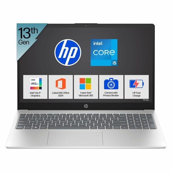 Buy HP 15, 13th Gen Intel Core i5-1334U Laptop (12GB DDR4,512GB SSD) Anti-Glare,Micro-Edge,15.6''/39.6cm, FHD, Win11,M365,Office24, Silver,1.59kg, Iris Xe Graphics, FHD Camera w/Privacy Shutter, fd0575TU on EMI